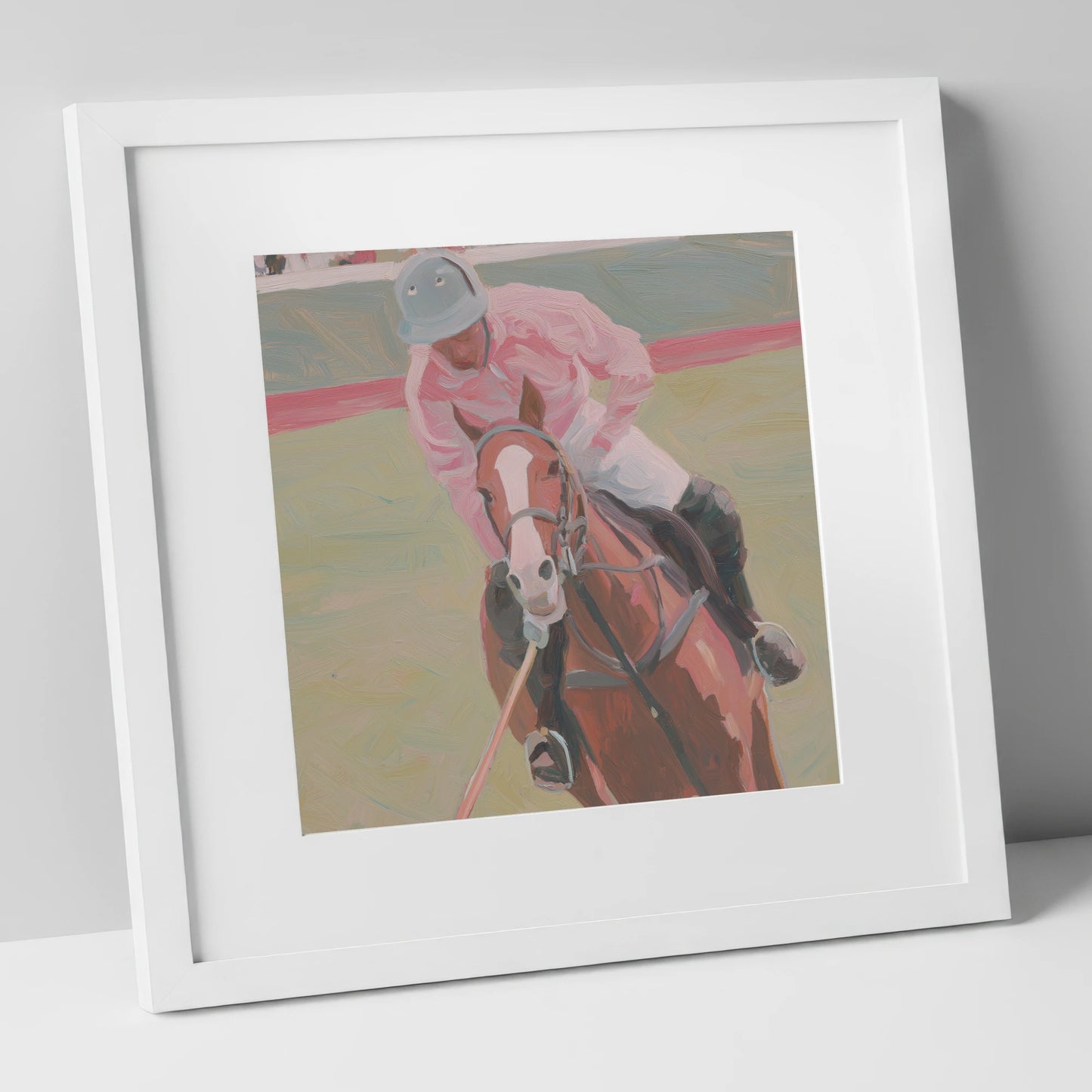 Dusty Pink Pursuit polo horse art print in white frame
