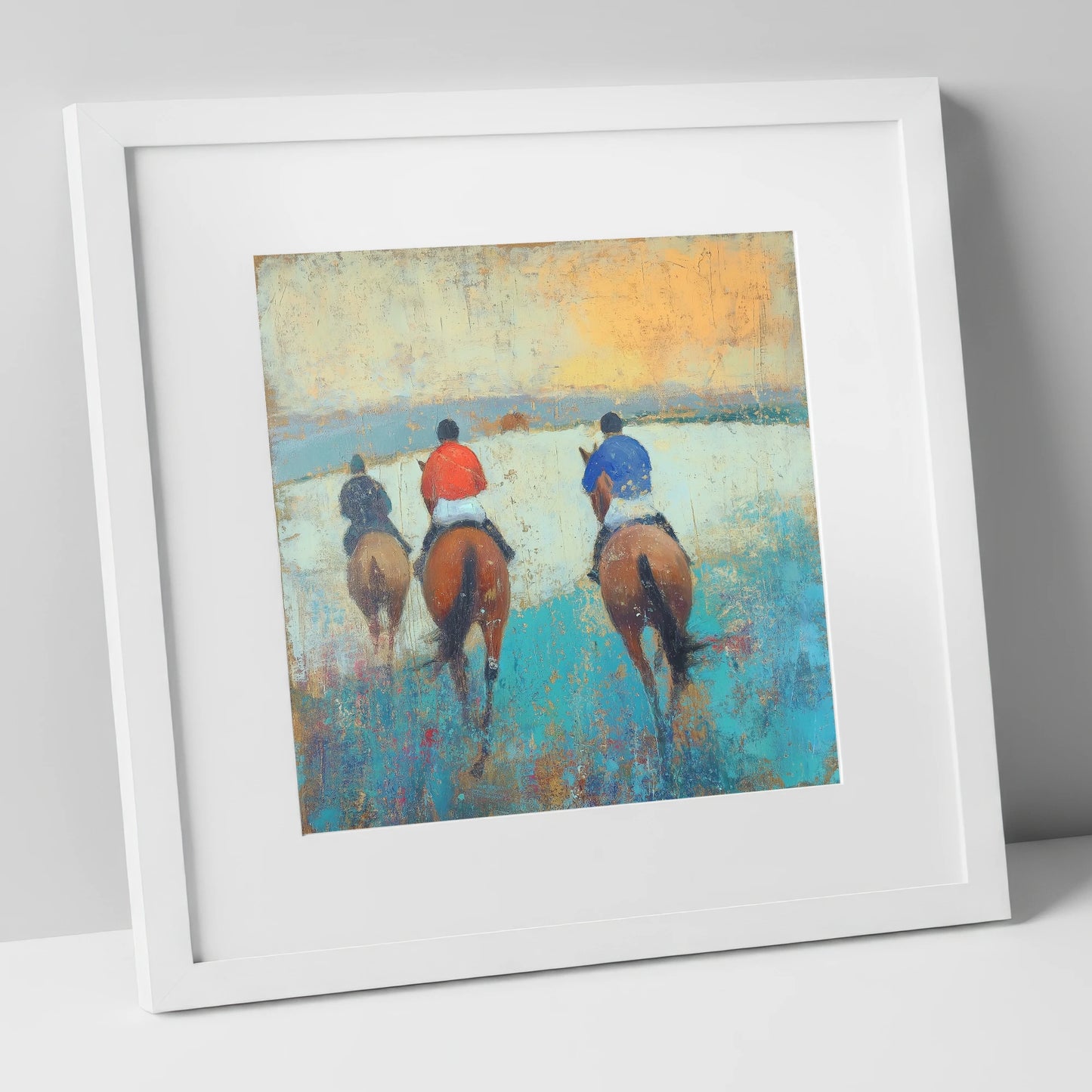 Heading to the Start racing horse art print in white frame
