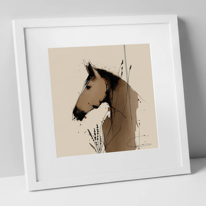 Earthy Equine Silhouette horse portrait art print in white frame