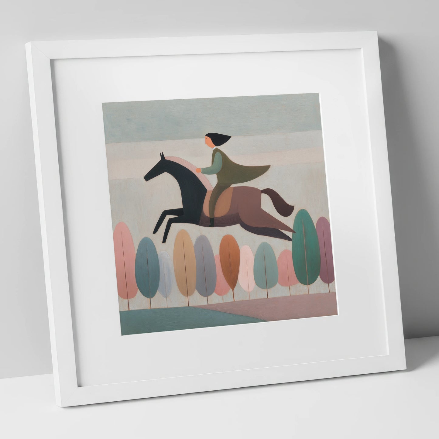 Above the Canopy show jumping horse art print in white frame