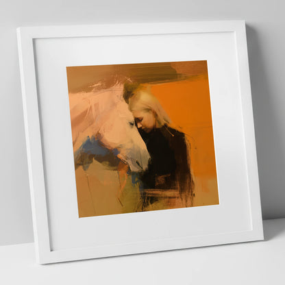 Silent Connection horse & rider art print in white frame