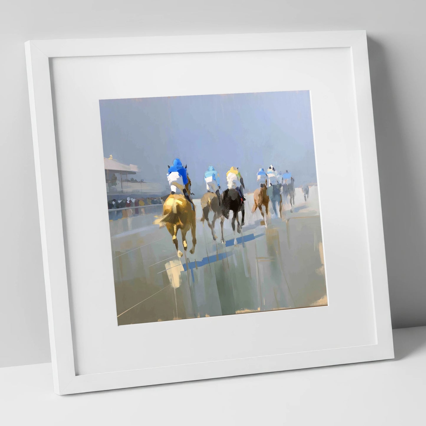 Into the Mist racing horse art print in white frame