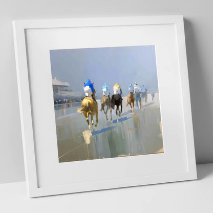 Into the Mist racing horse art print in white frame