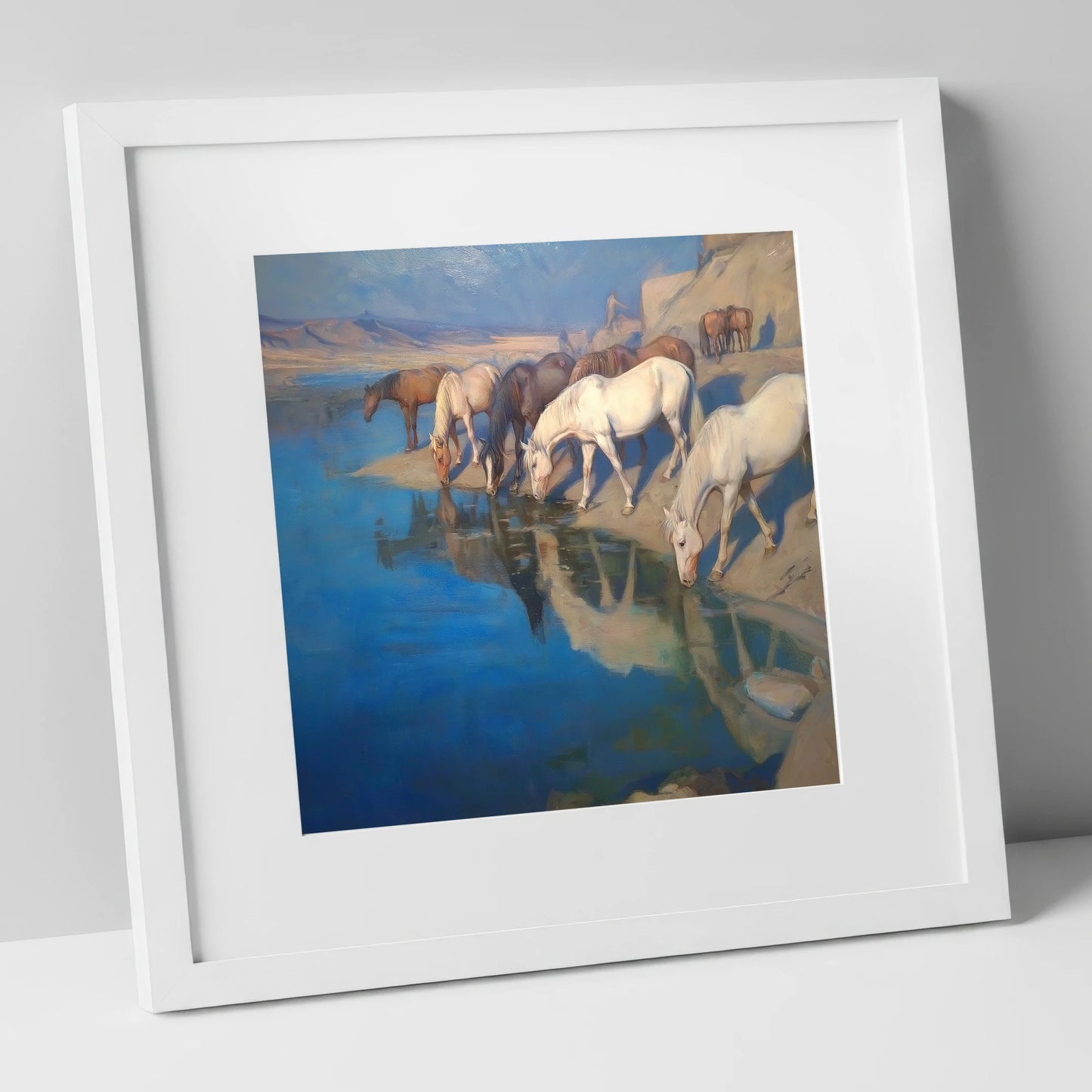 Oasis Reflections wild horses art print in white frame