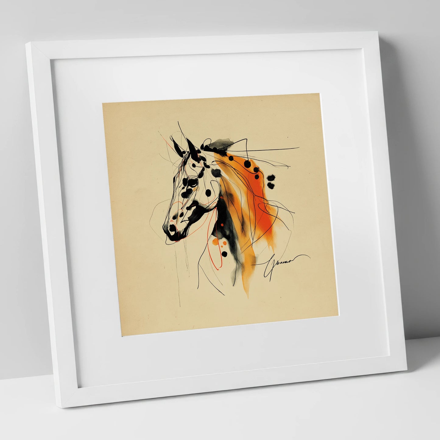 Abstract Amber Spirit horse breed art print in white frame