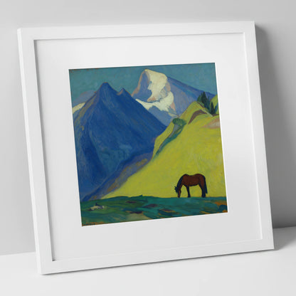 Blue Mountain Pasture horse landscape art print in white frame