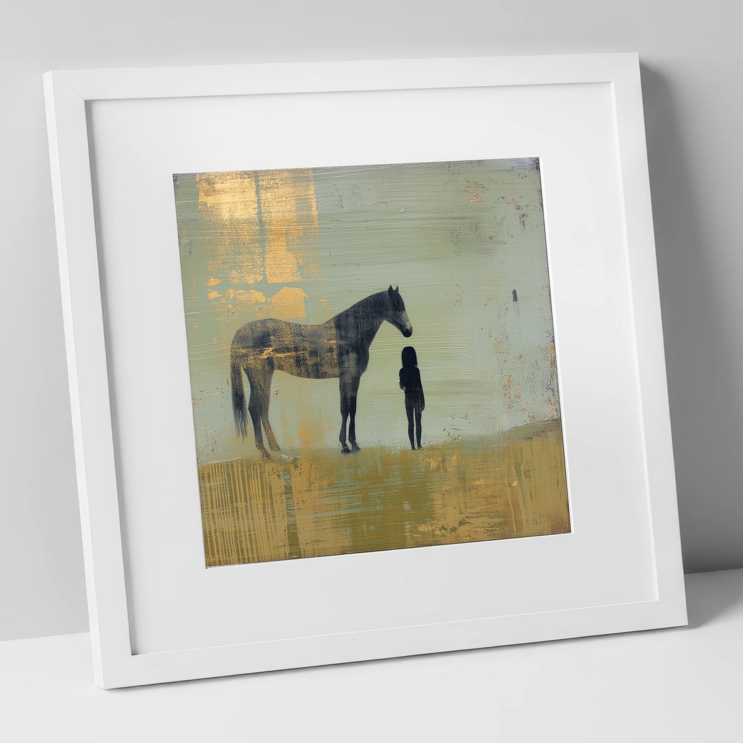 Gilded Connection horse & rider art print in white frame