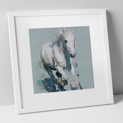 Expressive Grey Canter horse breed art print in white frame