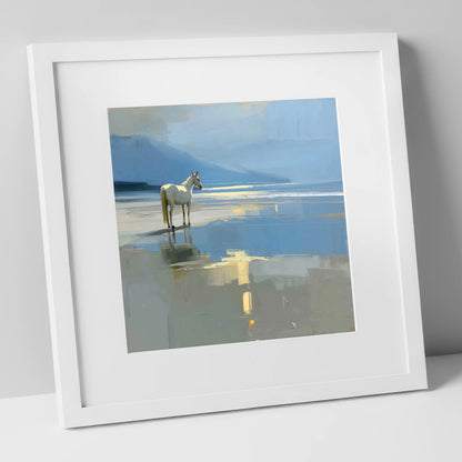 Solitary Coastal Gleam horse landscape art print in white frame
