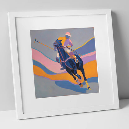 Dynamic Polo Pursuit polo horse art print in white frame