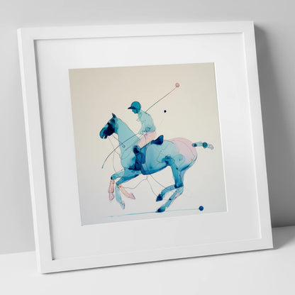 Azure Polo Gallop polo horse art print in white frame