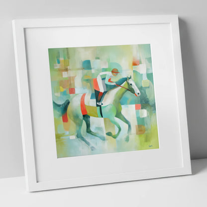 Geometric Gallop racing horse art print in white frame