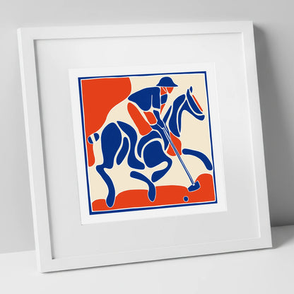 The Decisive Strike polo horse art print in white frame