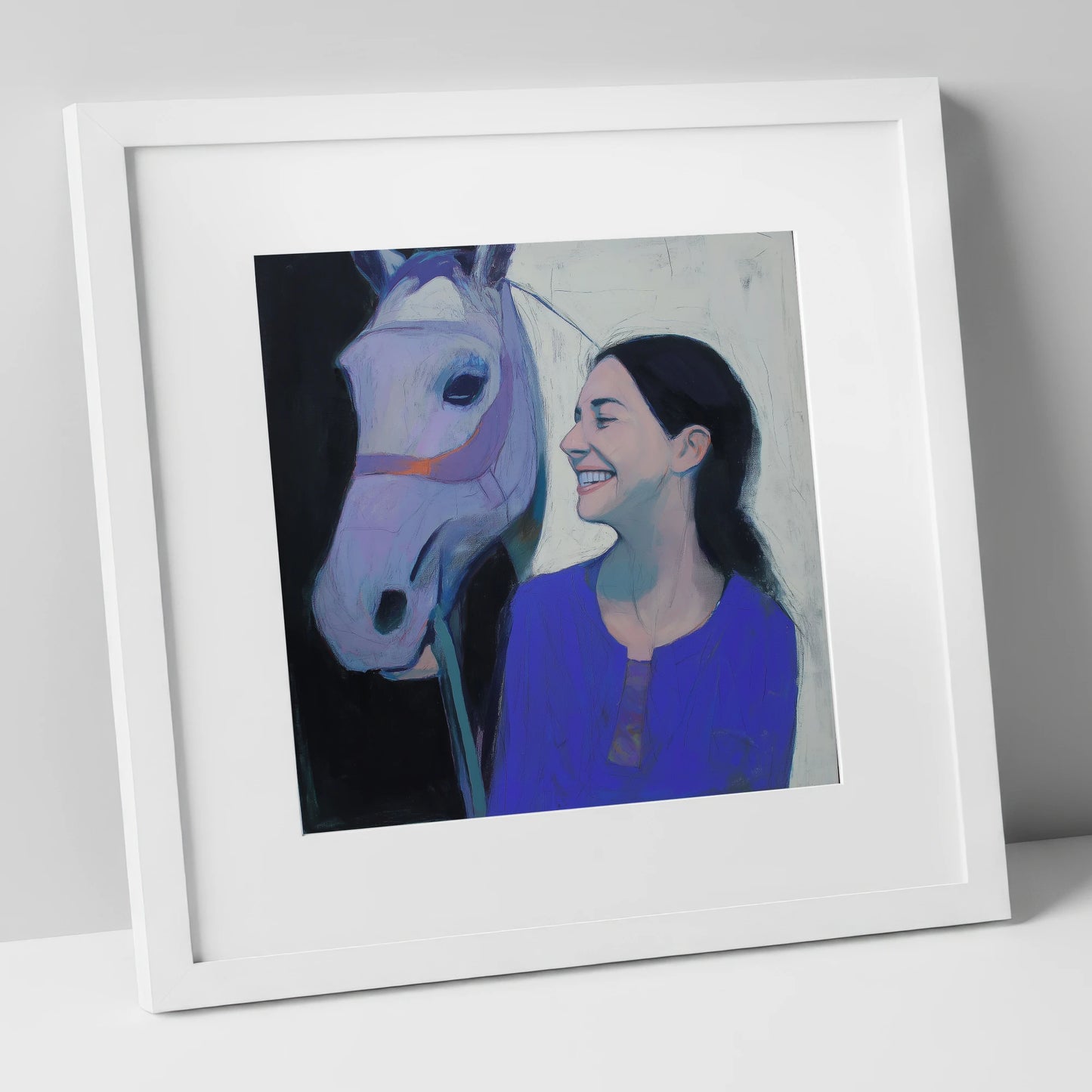 The Royal Blue Bond horse & rider art print in white frame