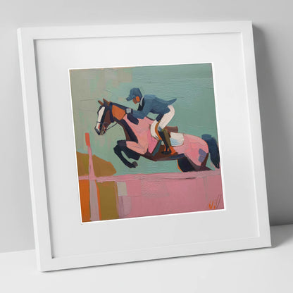 Apex of the Arc show jumping horse art print in white frame