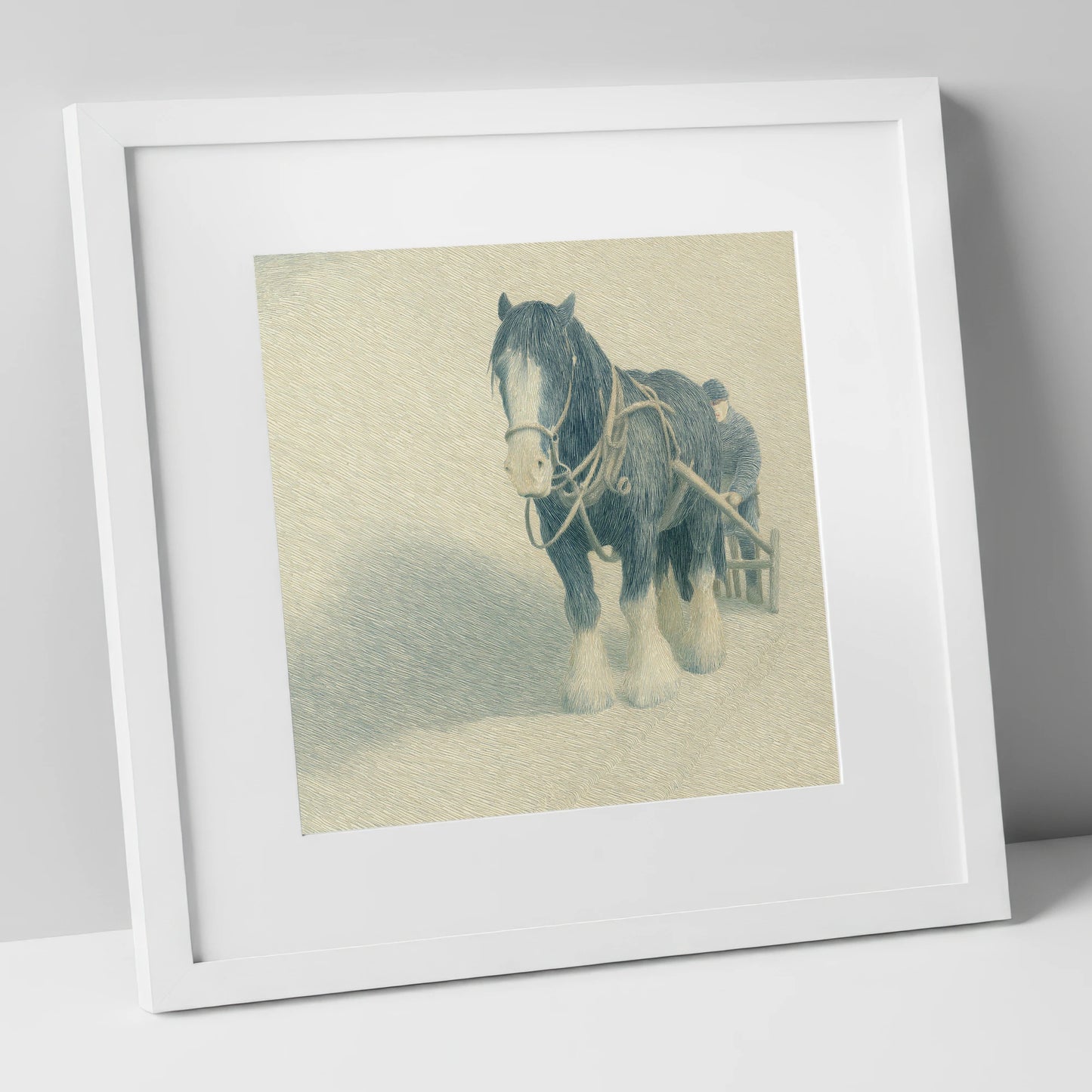 Steadfast in the Field working horse art print in white frame