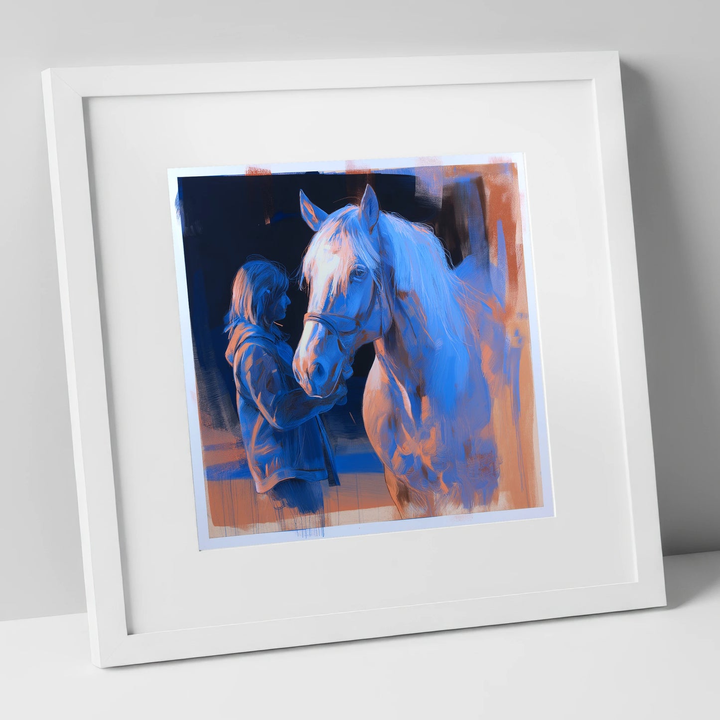 The Cobalt Bond horse & rider art print in white frame