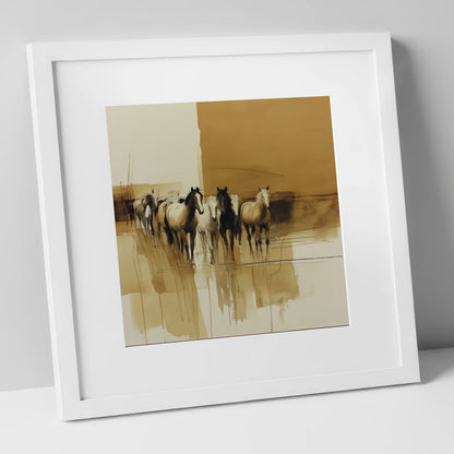 Sepia Herd Advancing wild horses art print in white frame