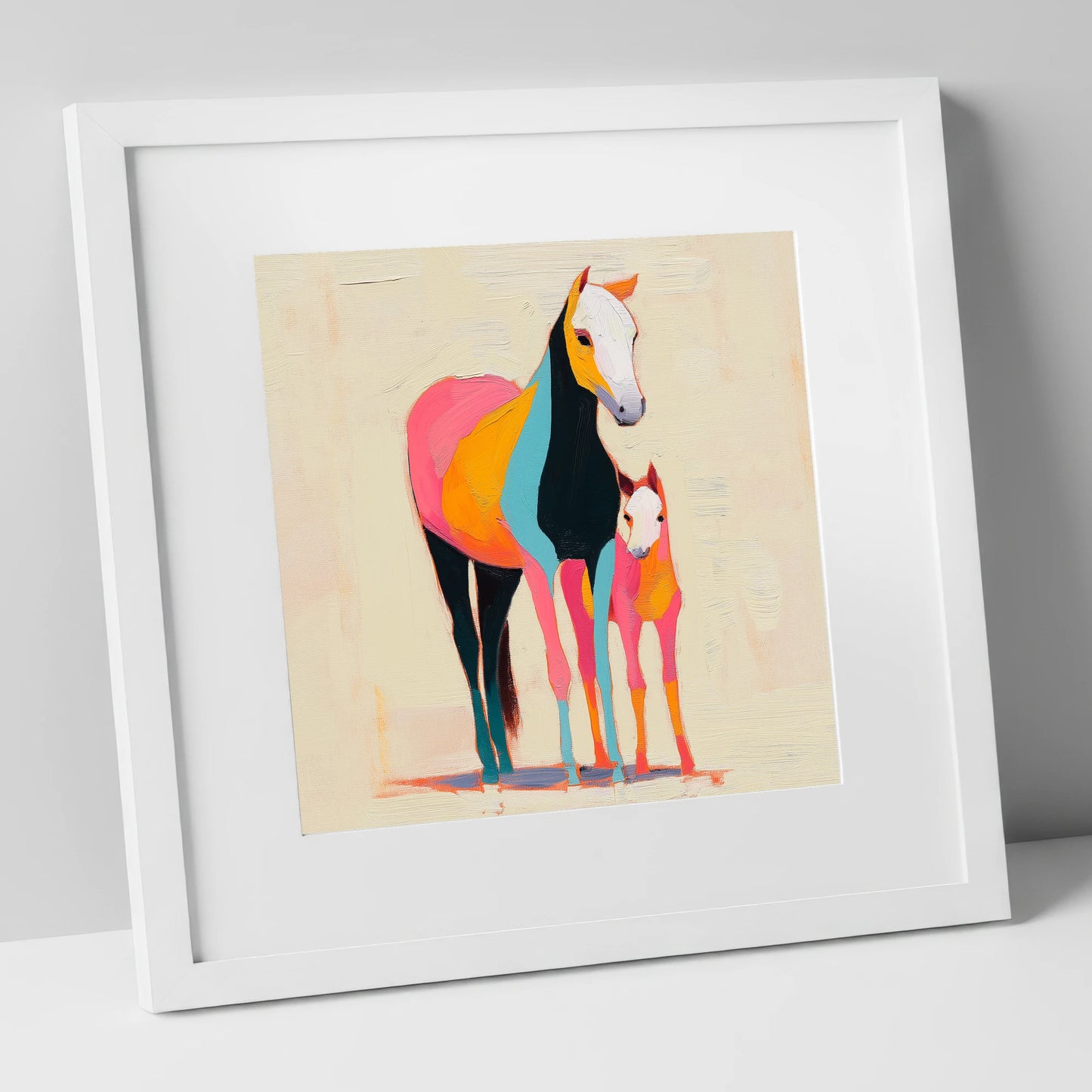 Vibrant Painted Bond mare & foal art print in white frame