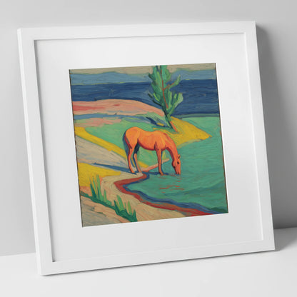 The Vivid Oasis horse landscape art print in white frame