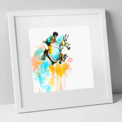 Suspended in Colour show jumping horse art print in white frame
