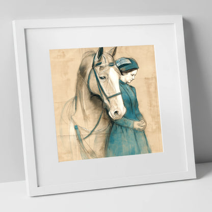 Silent Bond horse & rider art print in white frame