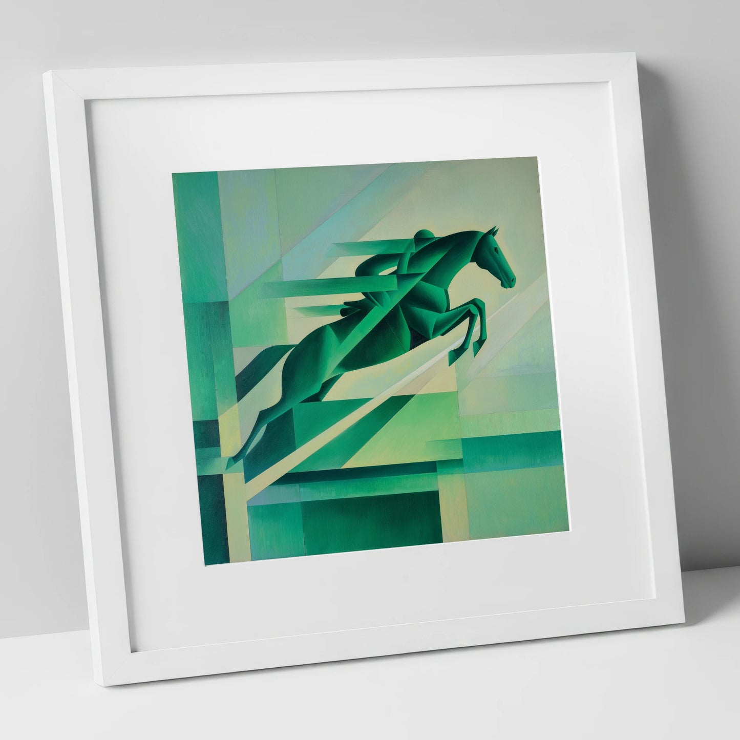 Emerald Momentum show jumping horse art print in white frame