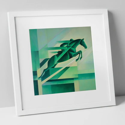 Emerald Momentum show jumping horse art print in white frame