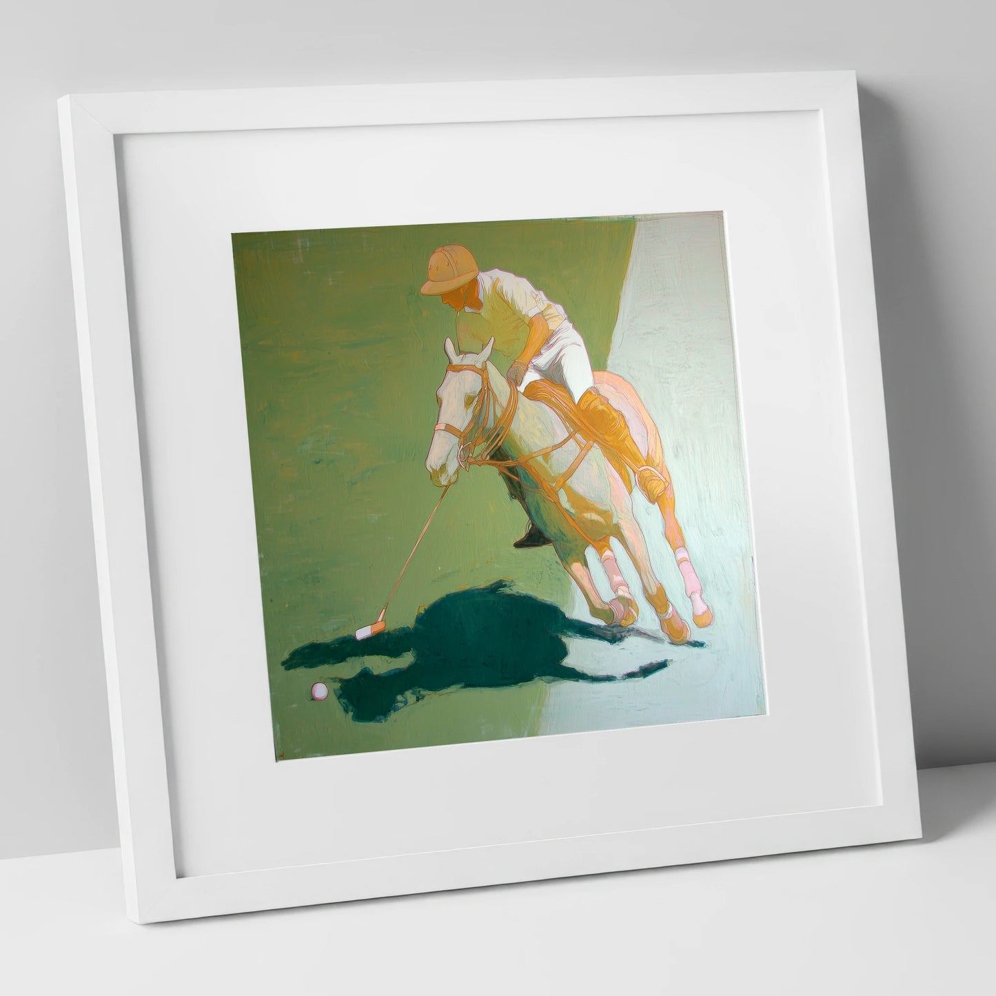 The Decisive Strike polo horse art print in white frame