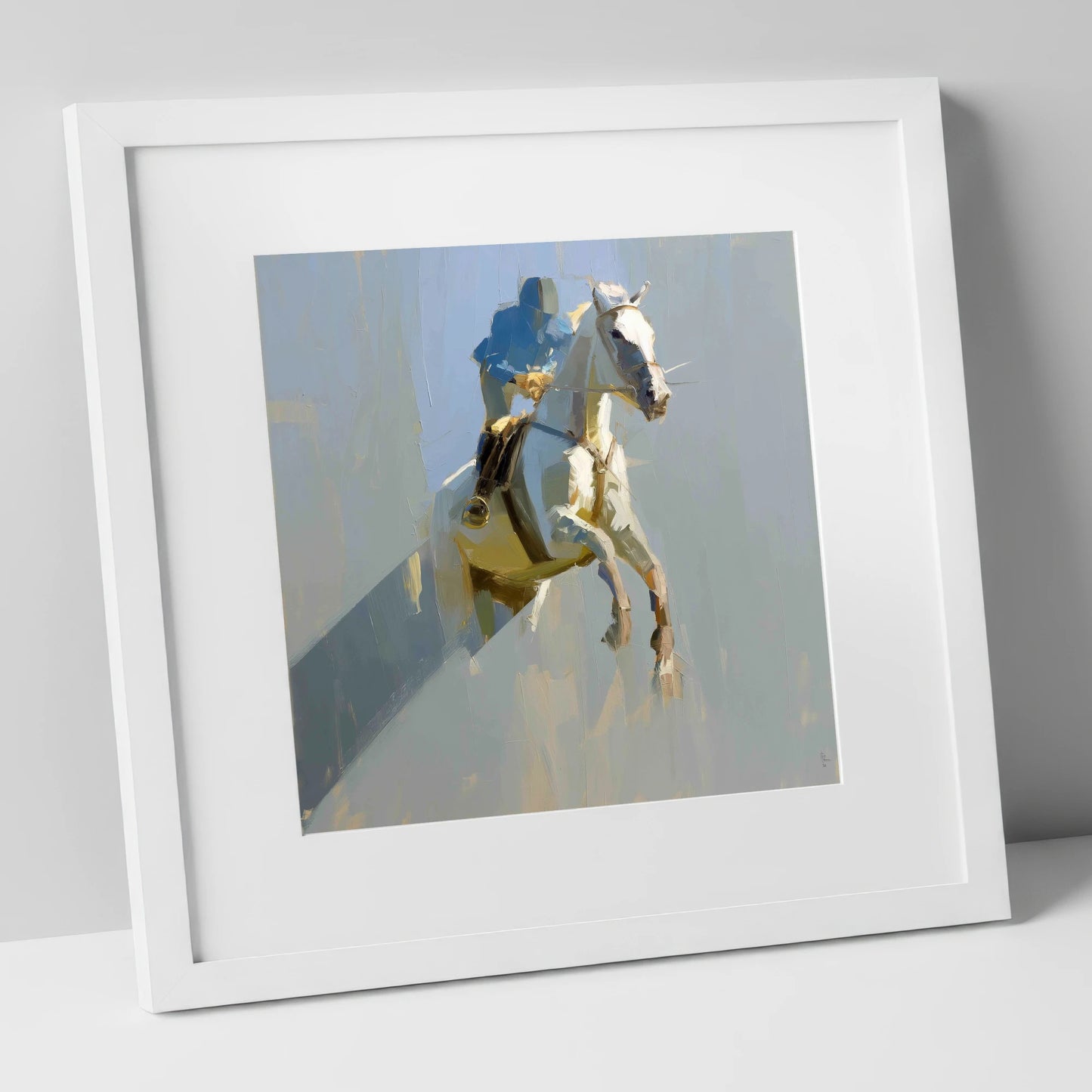 Suspended in Blue show jumping horse art print in white frame