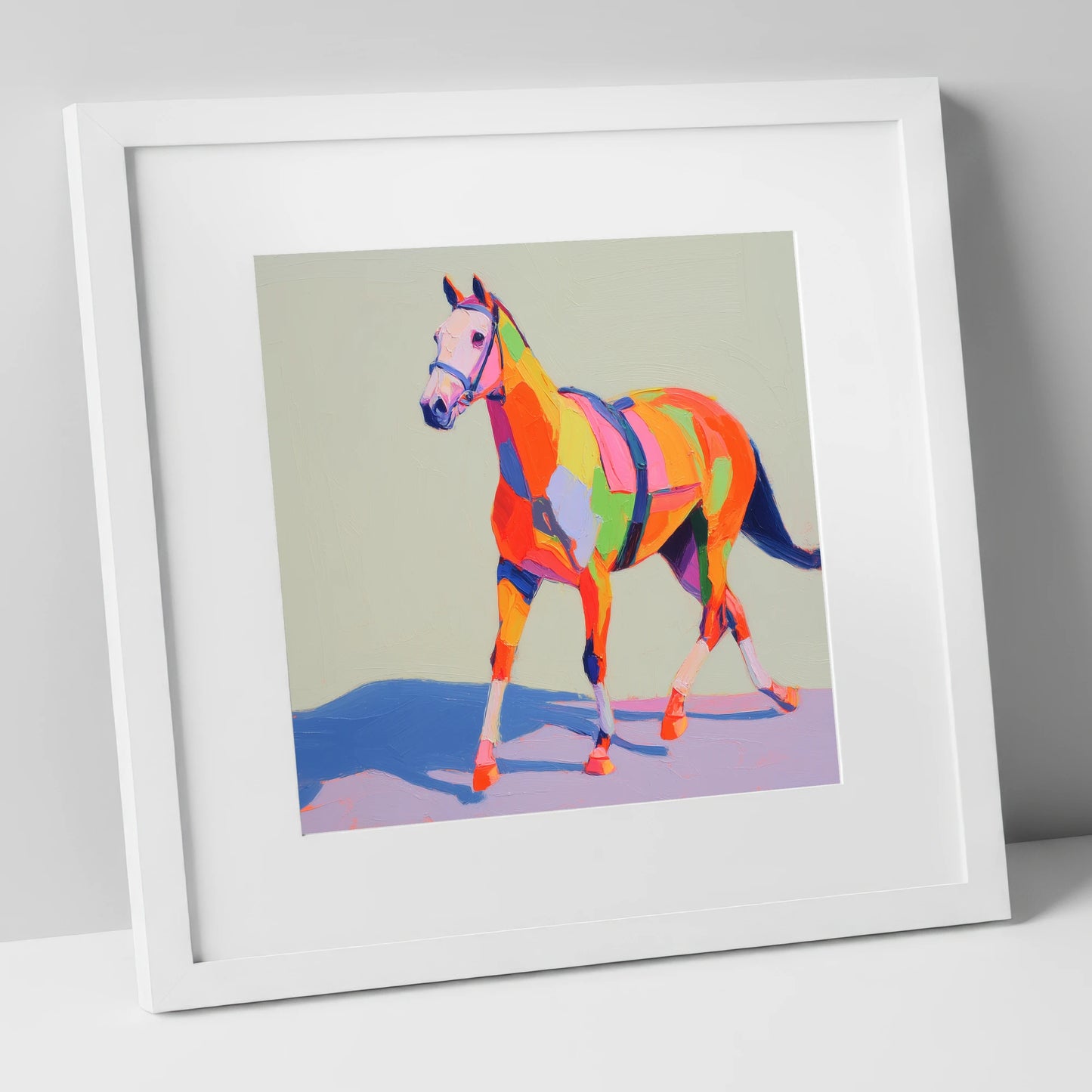 Vibrant Strides racing horse art print in white frame