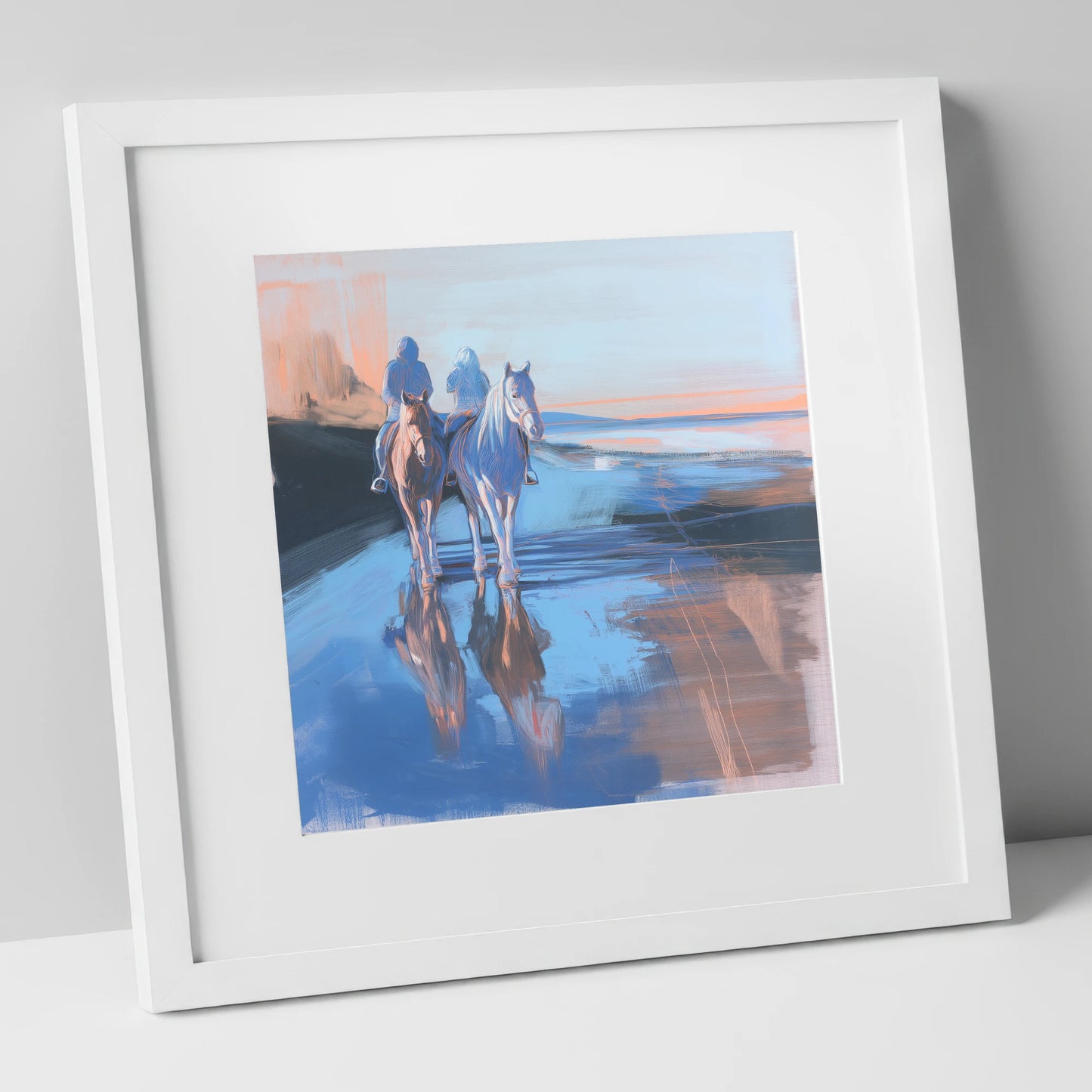 Shoreline Companions horse landscape art print in white frame