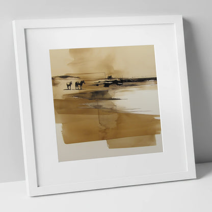 Sepia Shoreline Drift horse landscape art print in white frame