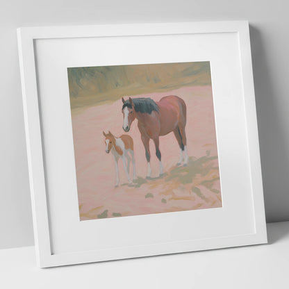 The Gentle Bond mare & foal art print in white frame
