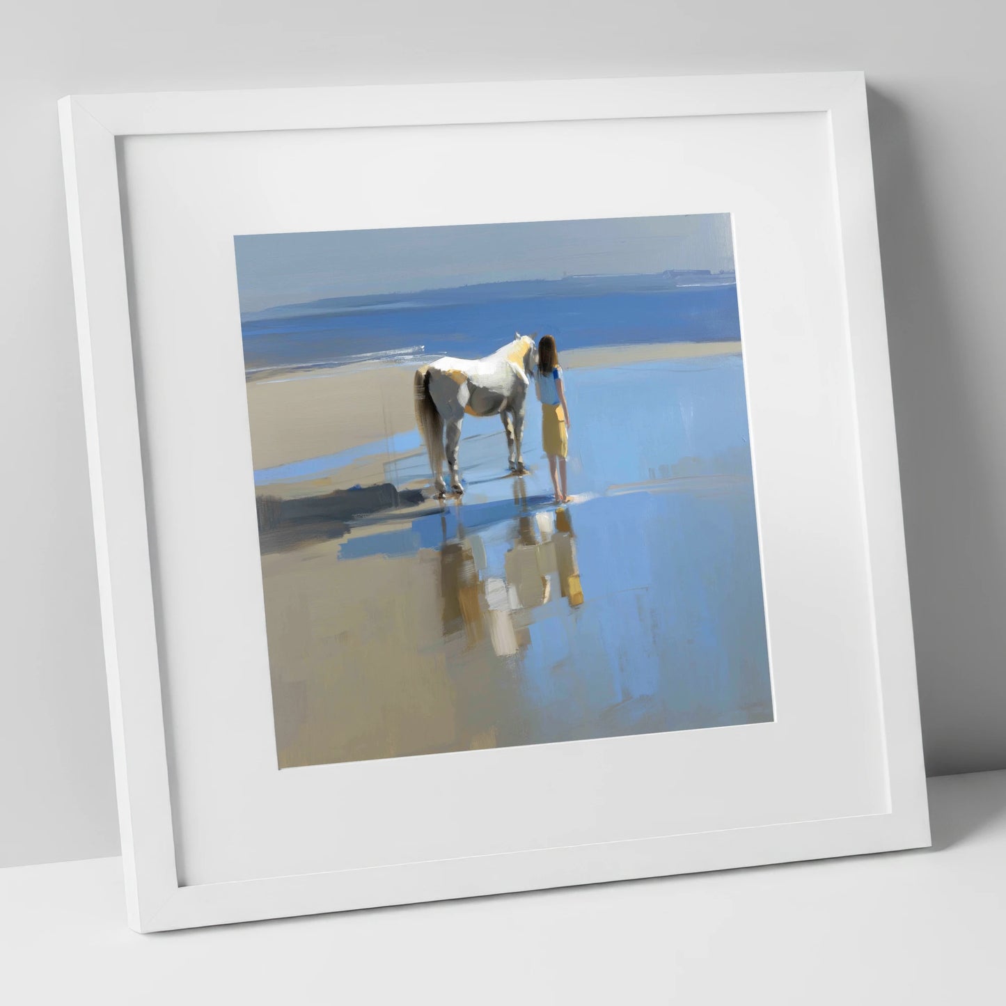 Reflections on the Shore horse & rider art print in white frame