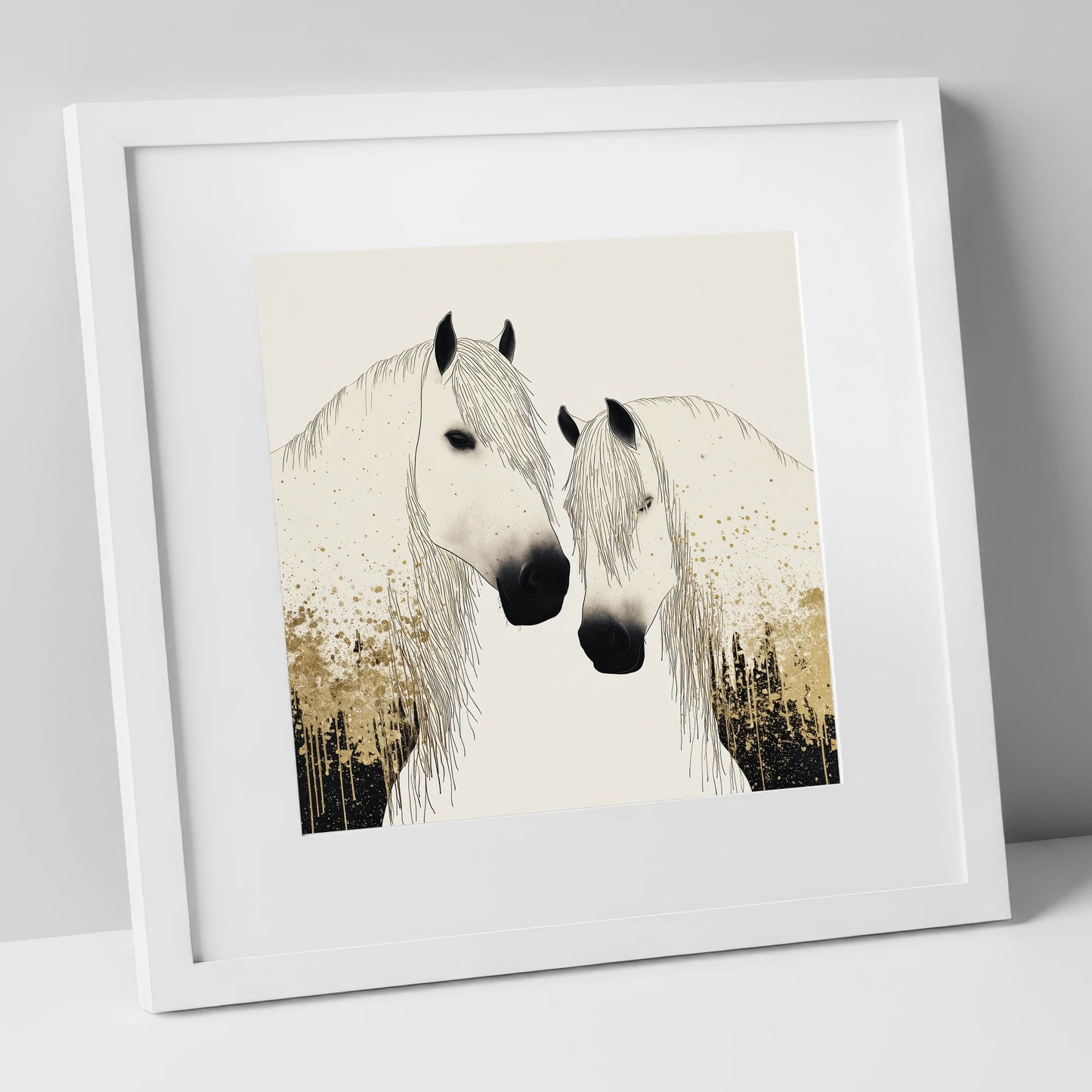 Gilded Companions horse landscape art print in white frame