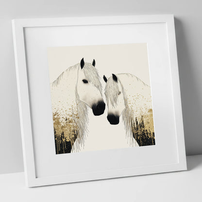 Gilded Companions horse landscape art print in white frame