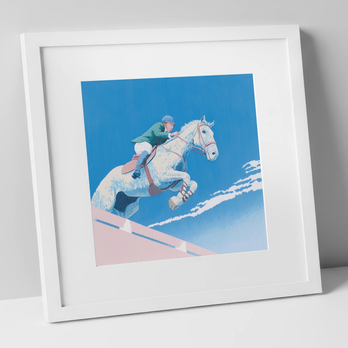 Airborne Over Blue show jumping horse art print in white frame