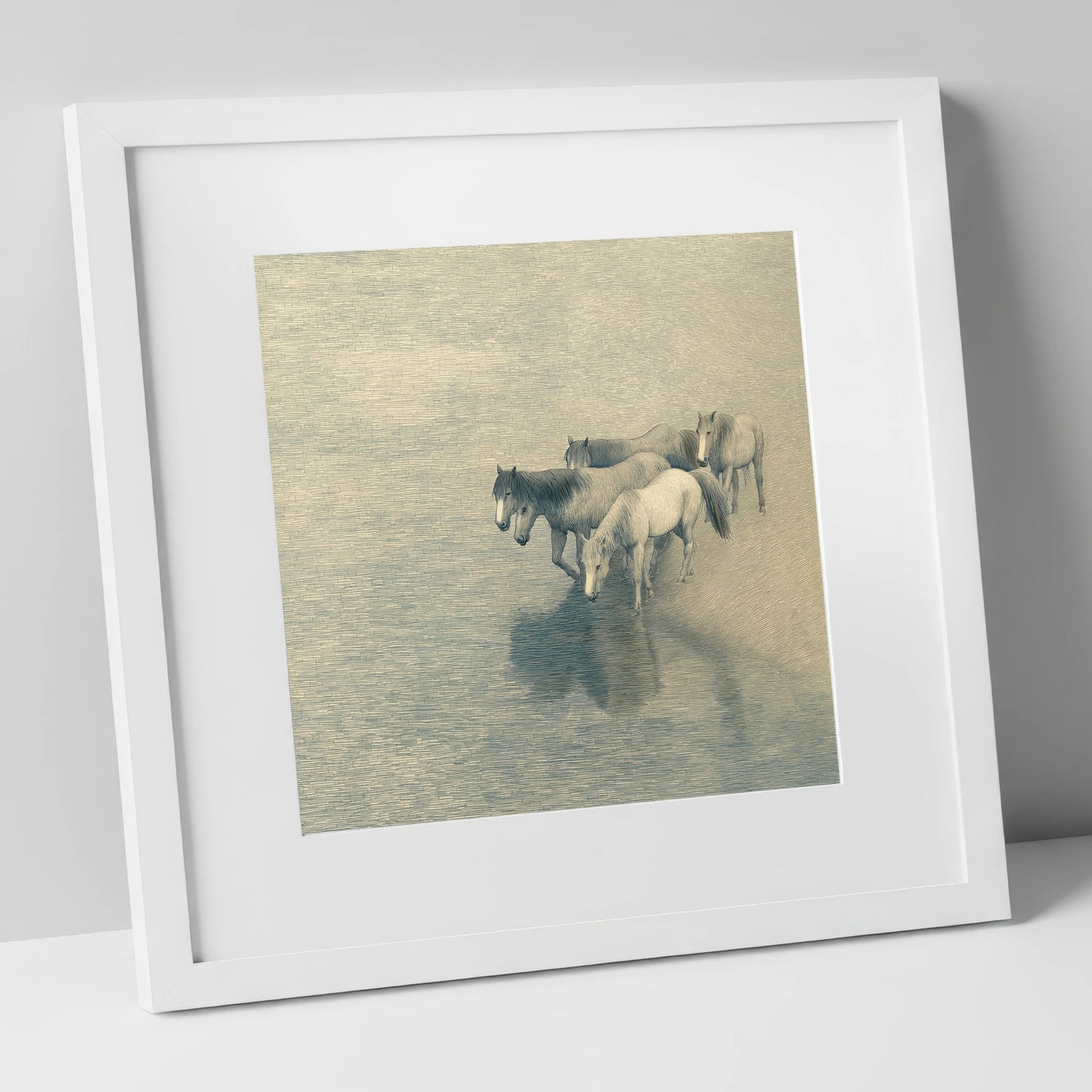 Reflections of the Herd wild horses art print in white frame