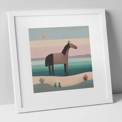 Stillness in the Shallows beach horse art print in white frame