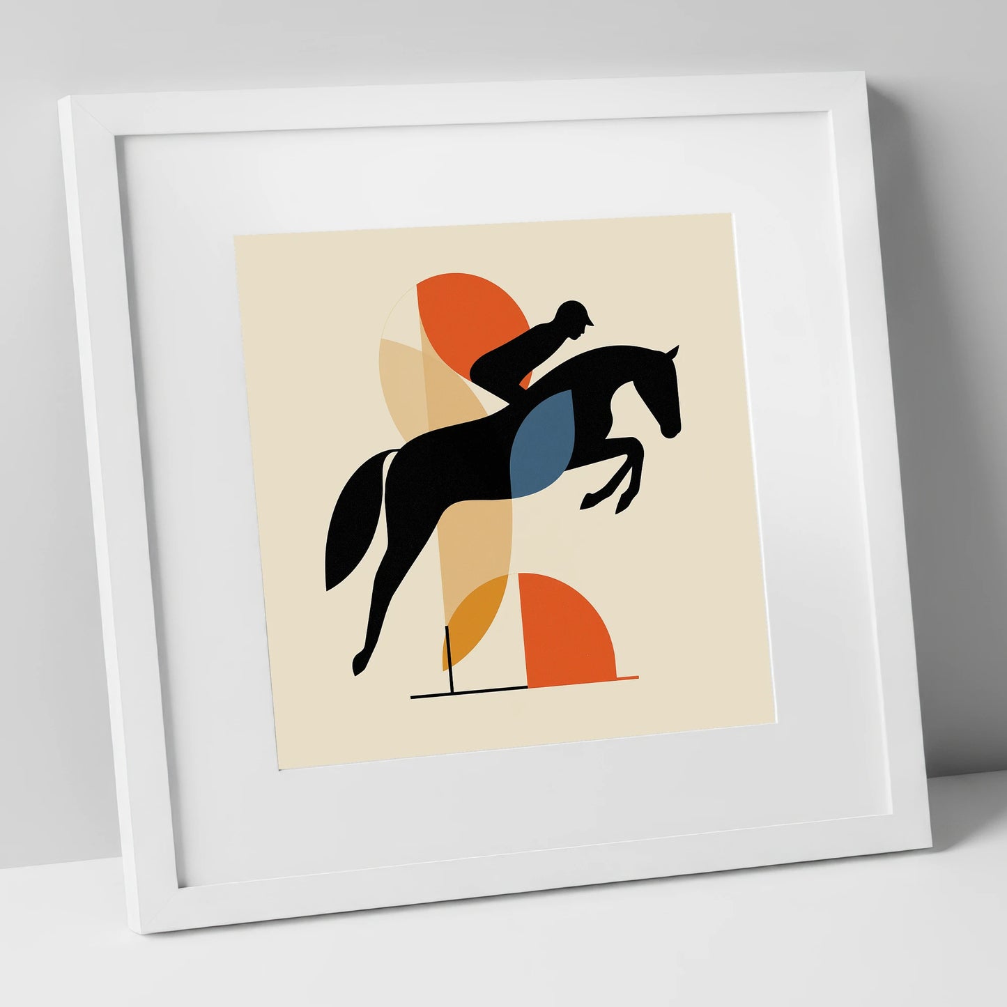 The Geometric Leap show jumping horse art print in white frame