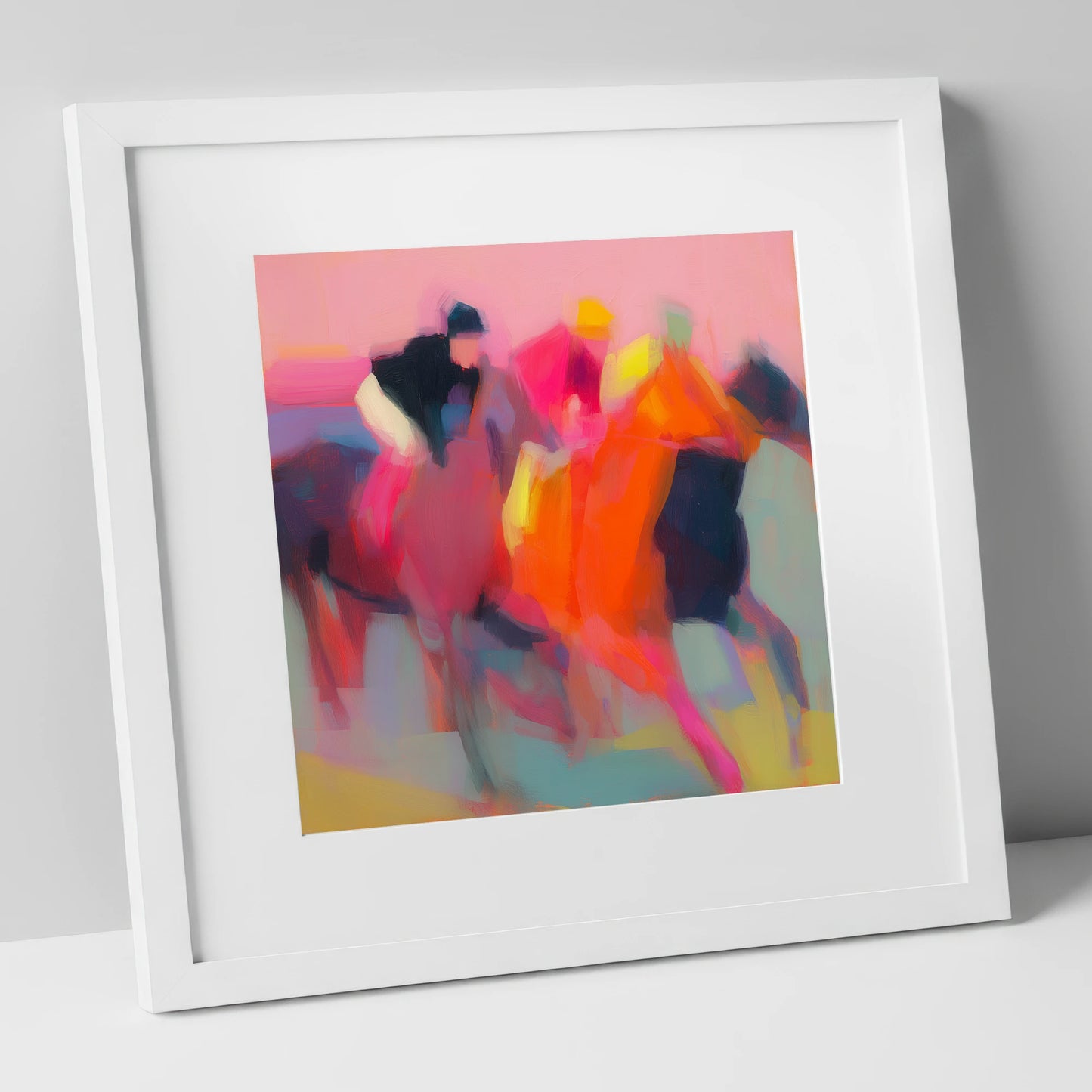 Vibrant Furlong racing horse art print in white frame