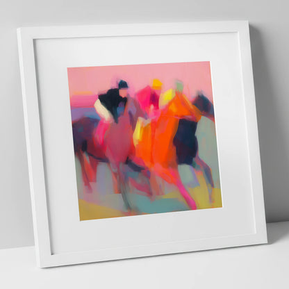 Vibrant Furlong racing horse art print in white frame