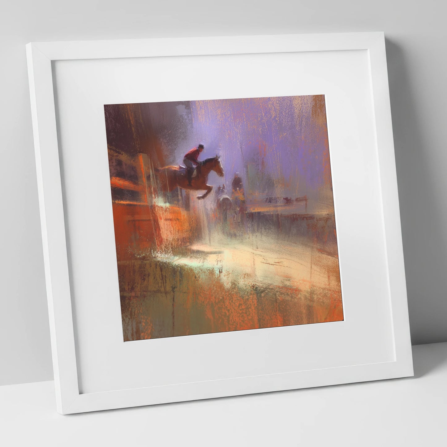 Violet And Sienna Ascent show jumping horse art print in white frame