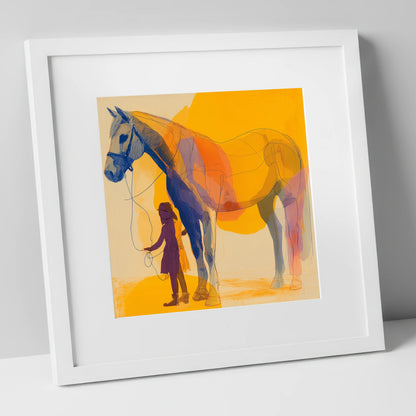 Golden Harmony horse & rider art print in white frame