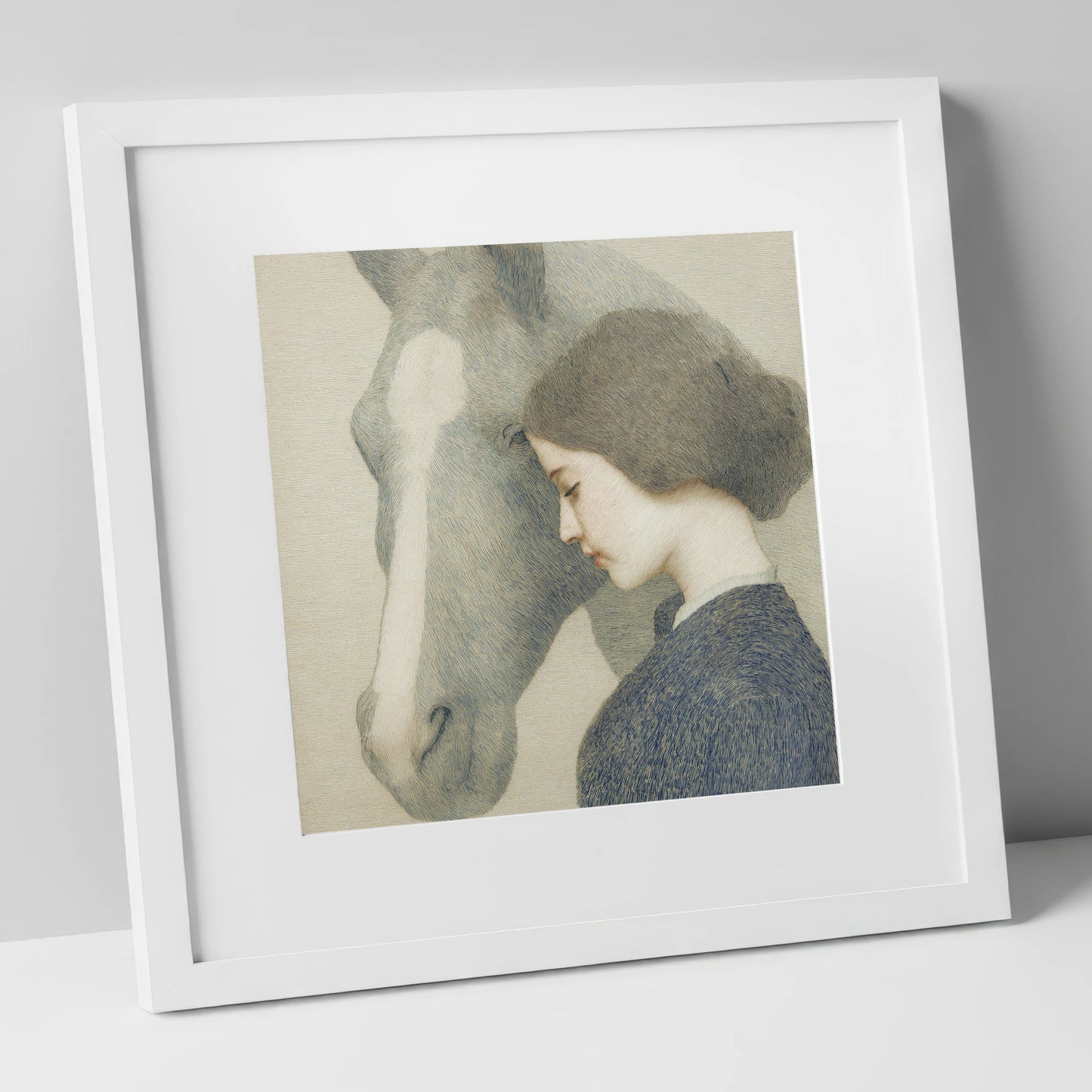 A Silent Understanding horse & rider art print in white frame
