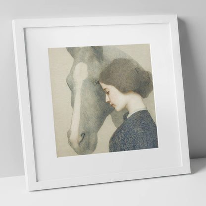 A Silent Understanding horse & rider art print in white frame