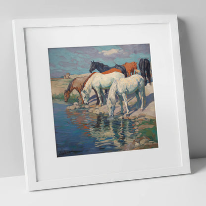 The Watering Hole wild horses art print in white frame