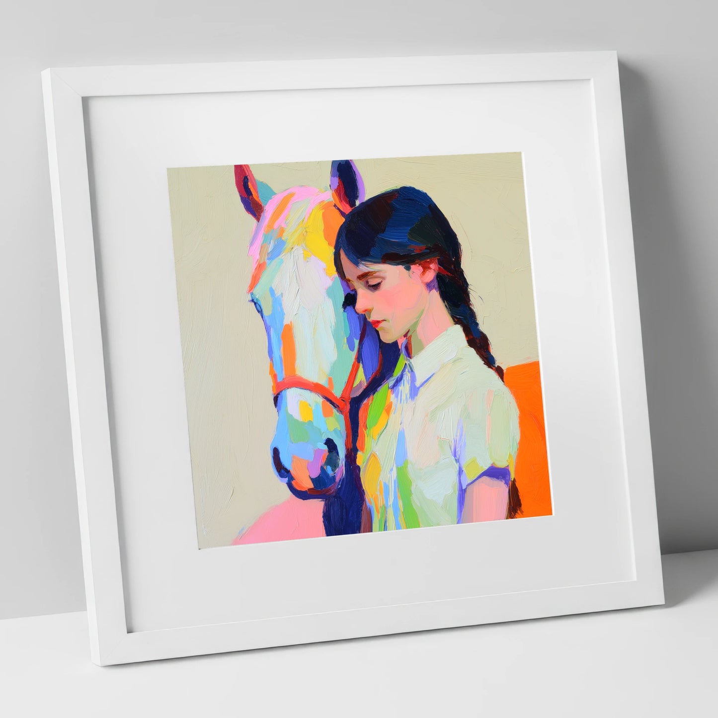 Vibrant Bond horse & rider art print in white frame