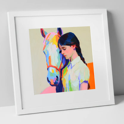 Vibrant Bond horse & rider art print in white frame